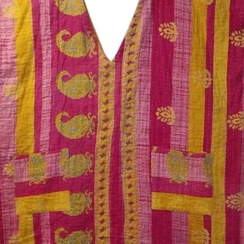 Kantha Patchwork Kimono Tunic Poncho Top Colorful Patch Pockets Woman One Sz #C